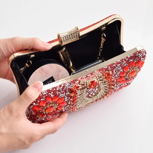 Red rhinestone evening clutch bag with metal chain strap and luxury crystal finish