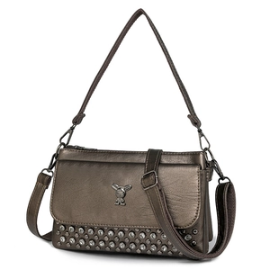 Metallic grey faux leather crossbody bag with rabbit logo and stud details