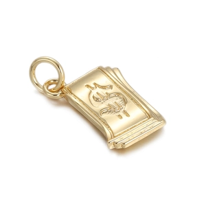 Detailed close-up of 18K gold plated dollar sign pendant with embossed stacked paper money effect
