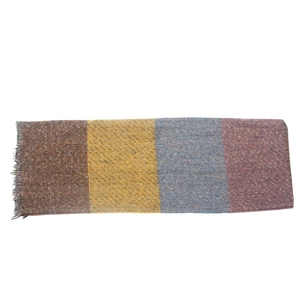 Detailed close-up of knitted block pattern scarf with decorative fringe in multi-color