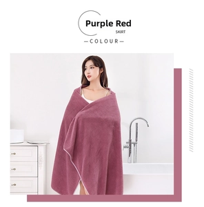 Detail of purplish red waffle coral fleece wearable bath towel skirt for women