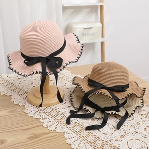 Children Straw Sun Hat With Bow Scalloped Edge Breathable Paper Straw Wide Brim Summer Beach Travel Accessory For Girls