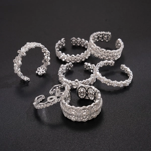 Silver hollow flower zircon open rings set with vintage lace and pearl accents