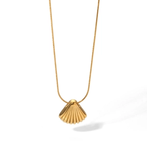Minimalist gold stainless steel snake chain necklace with a 3D shell pendant design