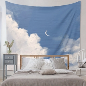 Detailed close-up of blue moon and clouds oil painting tapestry for bedroom wall decoration