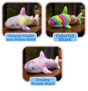 Detailed views of colorful shark plush toys in purple yellow, rainbow, and galaxy patterns