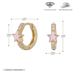 Detailed size specifications of pink star s925 silver earrings with golden finish
