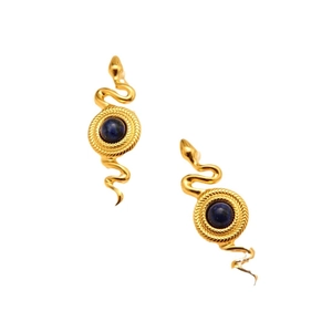Vintage gold snake earrings with deep blue round gemstone in minimalist exotic style