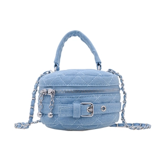 Quilted light blue denim round crossbody bag with metal chain strap for kids and mothers