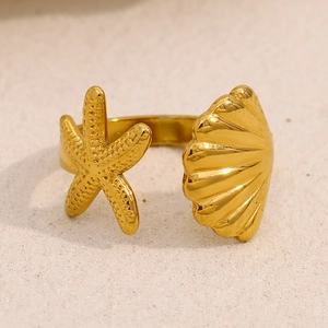 Starfish Shell Open Ring 18K Gold Plated Stainless Steel Adjustable Ocean Beach Chic Jewelry For Women