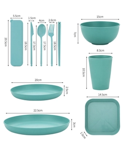 Detailed size dimensions for wheat straw dinnerware set including bowls plates and cutlery
