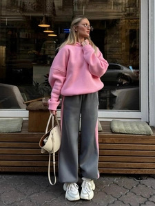 Felpa Con Cappuccio E Pantaloni Lunghi Donna 100% Cotone Colore Contrasto Maglia Manica Lunga Sport Casual Streetwear