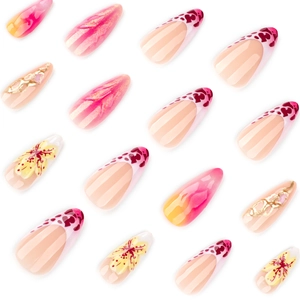 French leopard print press-on nails with 3D floral designs and gold leaf accents