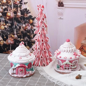 Christmas Gingerbread House And Candy Tree Ornament Light Up LED Polymer Clay Desktop Holiday Home Party Decor Macaroon Style