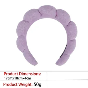 Detail view of purple puffy cloud headband showing 17cm x 18cm x 4cm dimensions