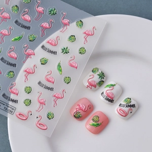 Vue détaillée des autocollants d'ongles 5D en relief flamant rose et feuilles tropicales