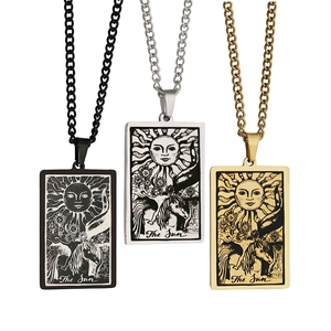Three tarot The Sun rectangular pendants in black, silver, and gold finishes on chains