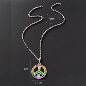 Rainbow rhinestone peace sign pendant necklace with silver rope chain for hip hop style