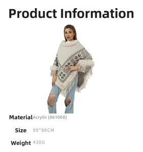Detail of knitted poncho with faux fur collar, tassels, and acrylic fabric specs