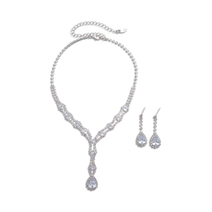 Sparkling silver teardrop V-shape pendant necklace and earring jewelry set for women