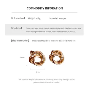 Size chart showing 1.4cm height and copper material details of gold knotted earrings