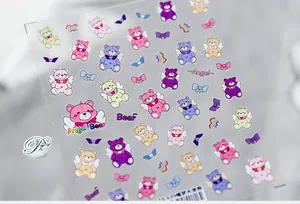 Close-up of TS-639 angel bear nail stickers with colorful winged bear designs