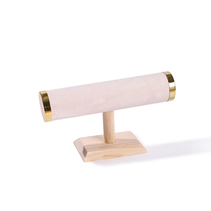 Single tier wooden T-bar display stand with beige velvet for watches and bracelets