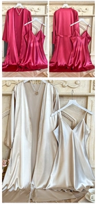 Détails de l'ensemble robe de chambre en satin et nuisette col V en bordeaux et doré