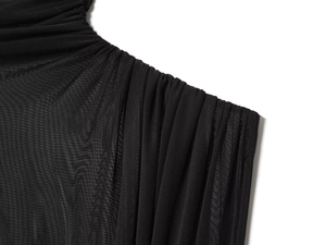 Detail showing the pleated shoulder texture and sheer mesh fabric of the black high-neck dress