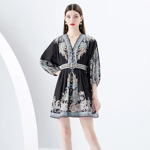 Women Vintage Paisley Print Mini Dress Polyester V Neck Lantern Sleeve Bohemian Style With Belt Elegant Vacation