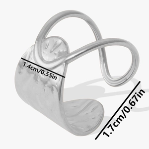 Detailed size view of silver hammered open ring measuring 1.4cm by 1.7cm in dimensions