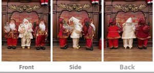 Front, side and back views of three luxury 24-inch standing Santa Claus decorations
