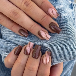 Brown Stripe Wave Pattern Press On Nails Glossy Square Round Artificial False Nails DIY Manicure For Women