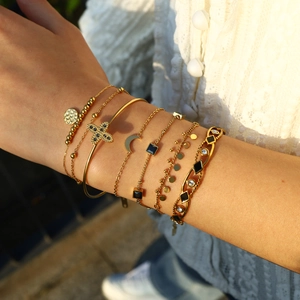 Ensemble de Bracelets en Acier Inoxydable pour Femmes Plaqué Or Croix Lune Étoile Strass Émail Géométrique Bijoux Cadeau