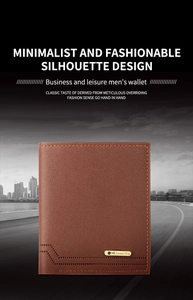 Brown leather men's wallet featuring a metal logo plate on a stylish urban background