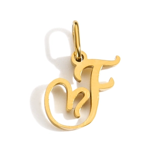 Macro shot of gold stainless steel alphabet pendant with high-polished metal finish