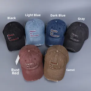 Vintage distressed denim baseball caps with letter embroidery in six different colors.