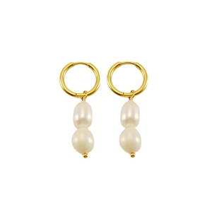 18K gold plated stainless steel hoop earrings with dual hanging natural pearls