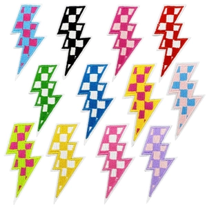 Checkerboard Lightning Bolt Embroidered Patches Iron On Sew On Applique Decoration For Jackets Hats Bags Clothes DIY Craft