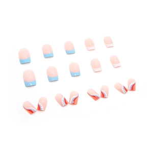 French style press-on nails featuring blue tips and colorful wavy patterns for women