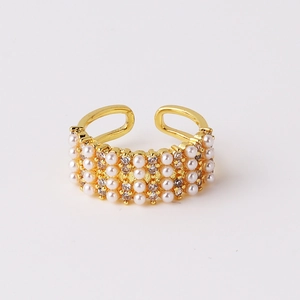 Elegant gold adjustable open ring featuring three rows of pearls and zircon accents