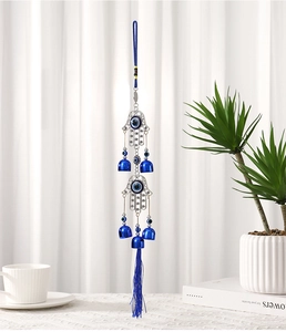 Hamsa Hand and Evil Eye hanging decoration with blue bells and silk tassels for home