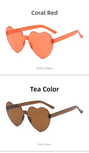 Side view detail of rimless heart-shaped sunglasses in coral red and brown colors