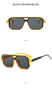Front and side view of pilot sunglasses featuring bold black and orange geometric frames