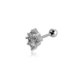 Macro detail of a silver clover stud earring with clear zircon and secure screw ball back