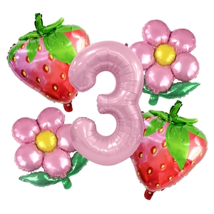 Kit de ballons fraise rose et marguerite avec chiffre 3 pour fête d'anniversaire fille