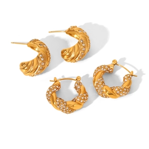 Vintage stainless steel gold-plated earrings set with sparkling rhinestones in a C-shape design