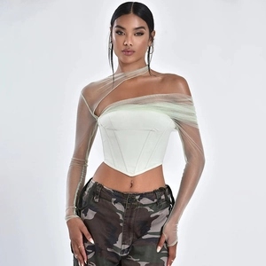 Top Corsetto In Maglia Con Giunzioni Da Donna Spalle Scoperte Asimmetrico Manica Lunga Sexy Slim Fit Moda
