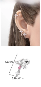 Detailed view of cross stud earring with marquise cubic zirconia and dimensions