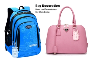 Dual-color bear personal alarm charms attached to a backpack and a pink handbag
